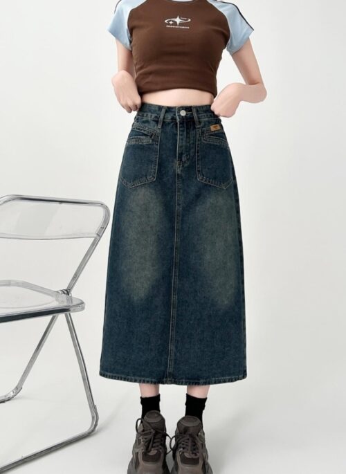 High Waist Denim A Line Midi Skirt