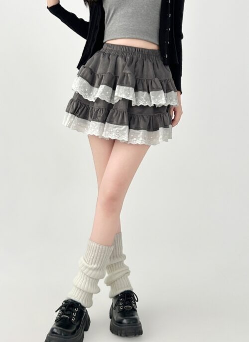 High Waist Lace Trim Puff Short Skirt