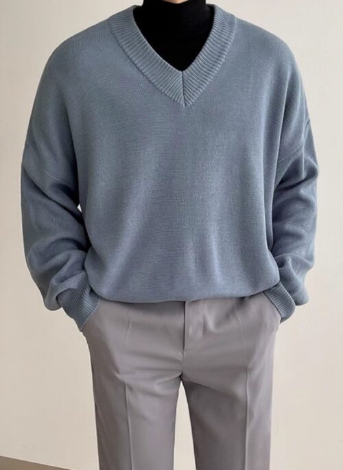 Light Blue Knit V-Neck Sweater | Sunghoon - Enhypen