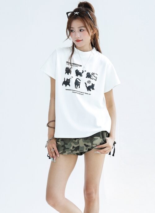 Mosaic Cat Print Chic Short Sleeve T Shirt