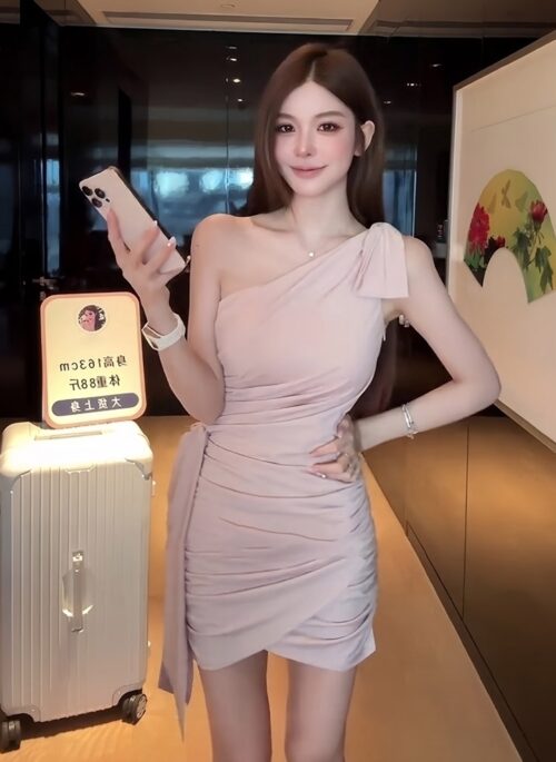 Pink One Shoulder Strappy Wrap Dress | Joy – Red Velvet
