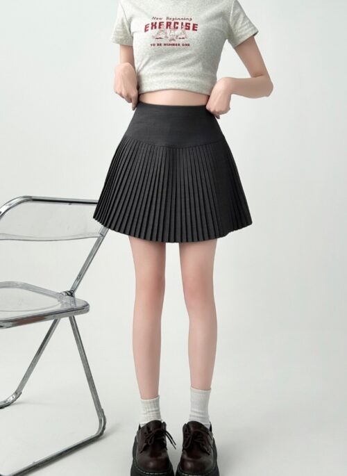 Pleated Gray High Waist A Line Mini Skirt