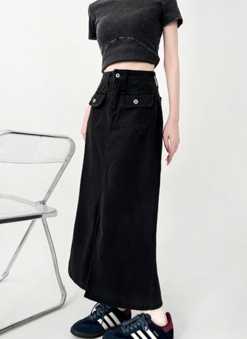 Plus Size High Waist A Line Denim Midi Skirt