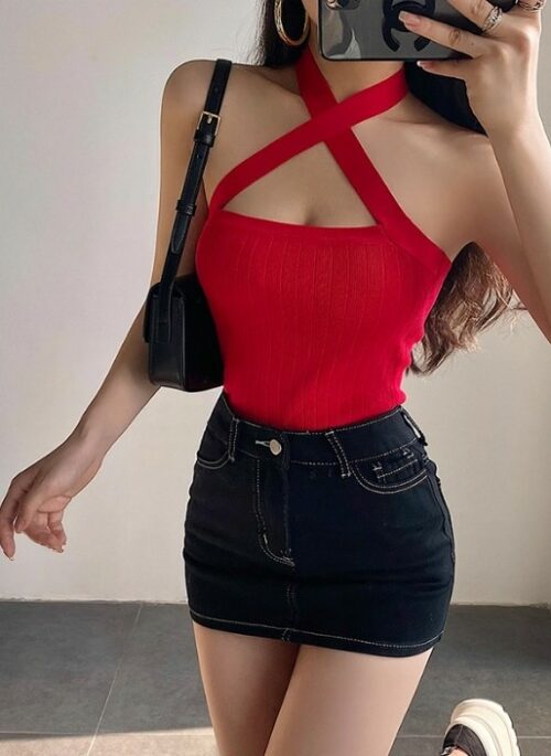 Red Criss-Cross Halter Ribbed Top | Chaeyoung – TWICE