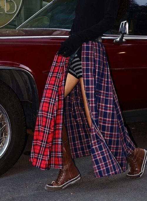 Red Plaid Panelled Maxi Skirt | Winter – Aespa