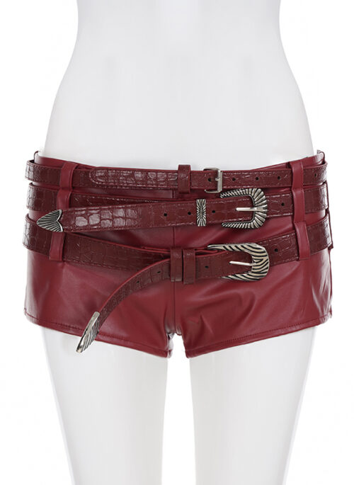 Red Triple Buckle Faux Leather Shorts | Jennie – BlackPink