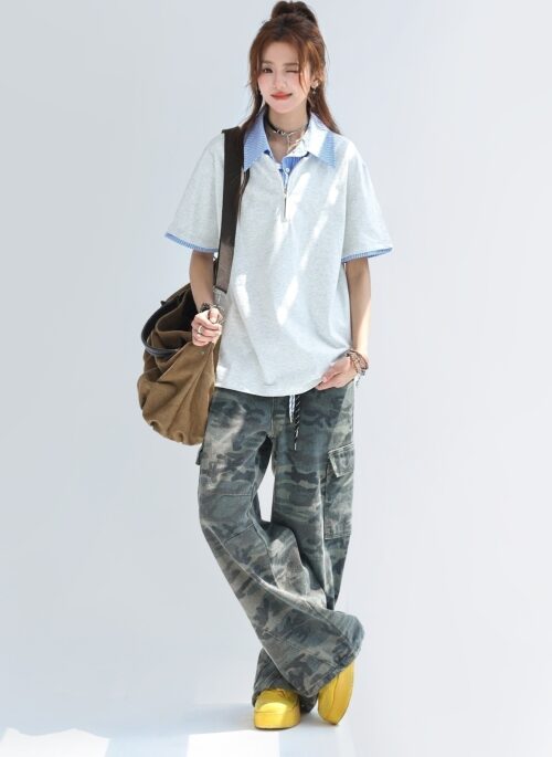 Striped Patchwork Polo Shirt Casual Loose Short Sleeve Top
