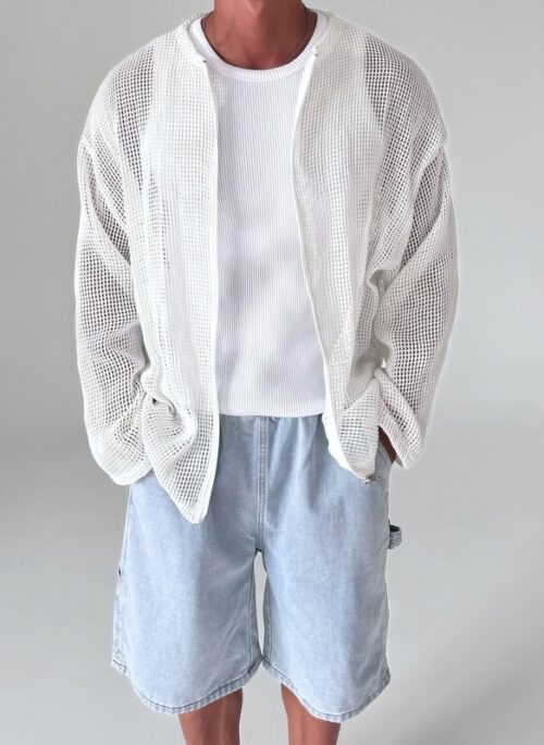 White Hollow Mesh Zipper Cardigan | Junghwan - Treasure