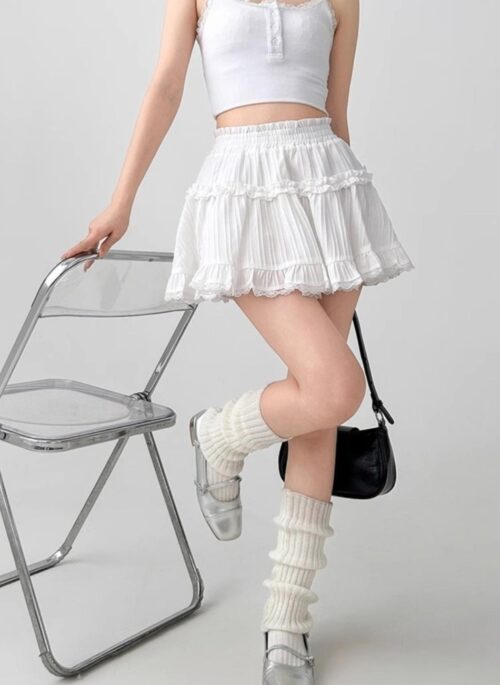 White Lace Ruffled High Waist A Line Skirt