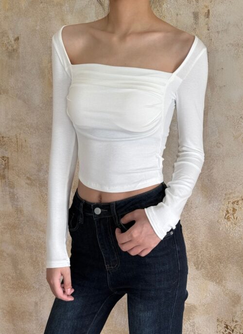 White Off-Shoulder Ruched Long Sleeve Top | Karina – Aespa