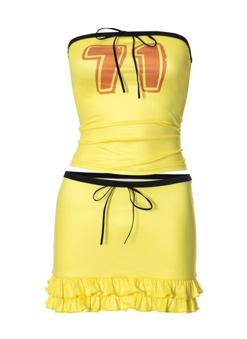 Yellow 71 Graphic Print Tube Top And Skirt Set | Joy – Red Velvet